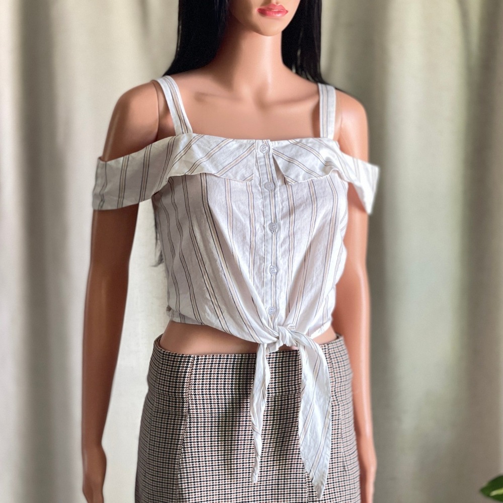 White Tan Striped Linen Cotton Blend Cold Shoulder Tie Front Top Coastal Boho S‎